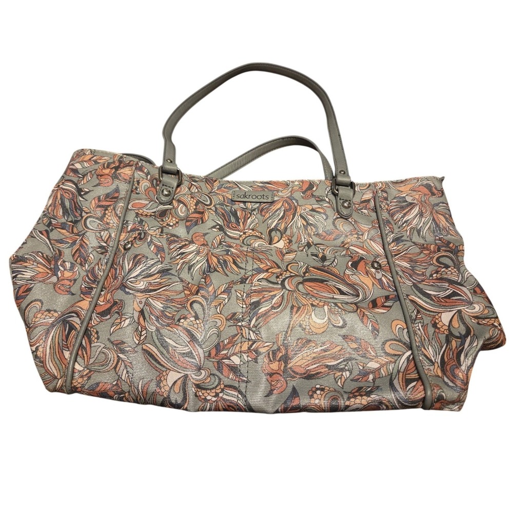 Sakroots Metro Tote Shoulder Purse Womens Large Gray Peach Coated Canvas Floral